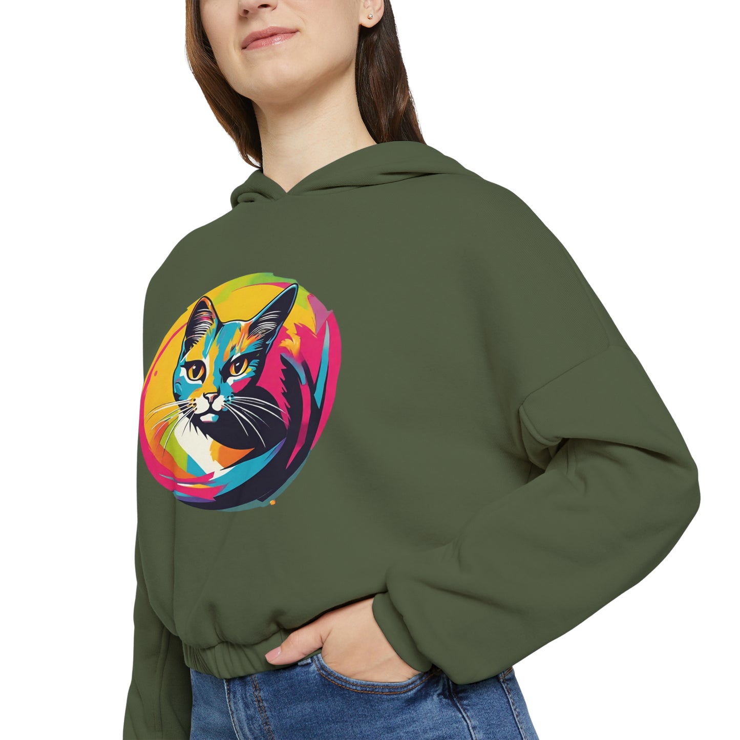 Colorful Cat Women's Cinched Bottom Hoodie