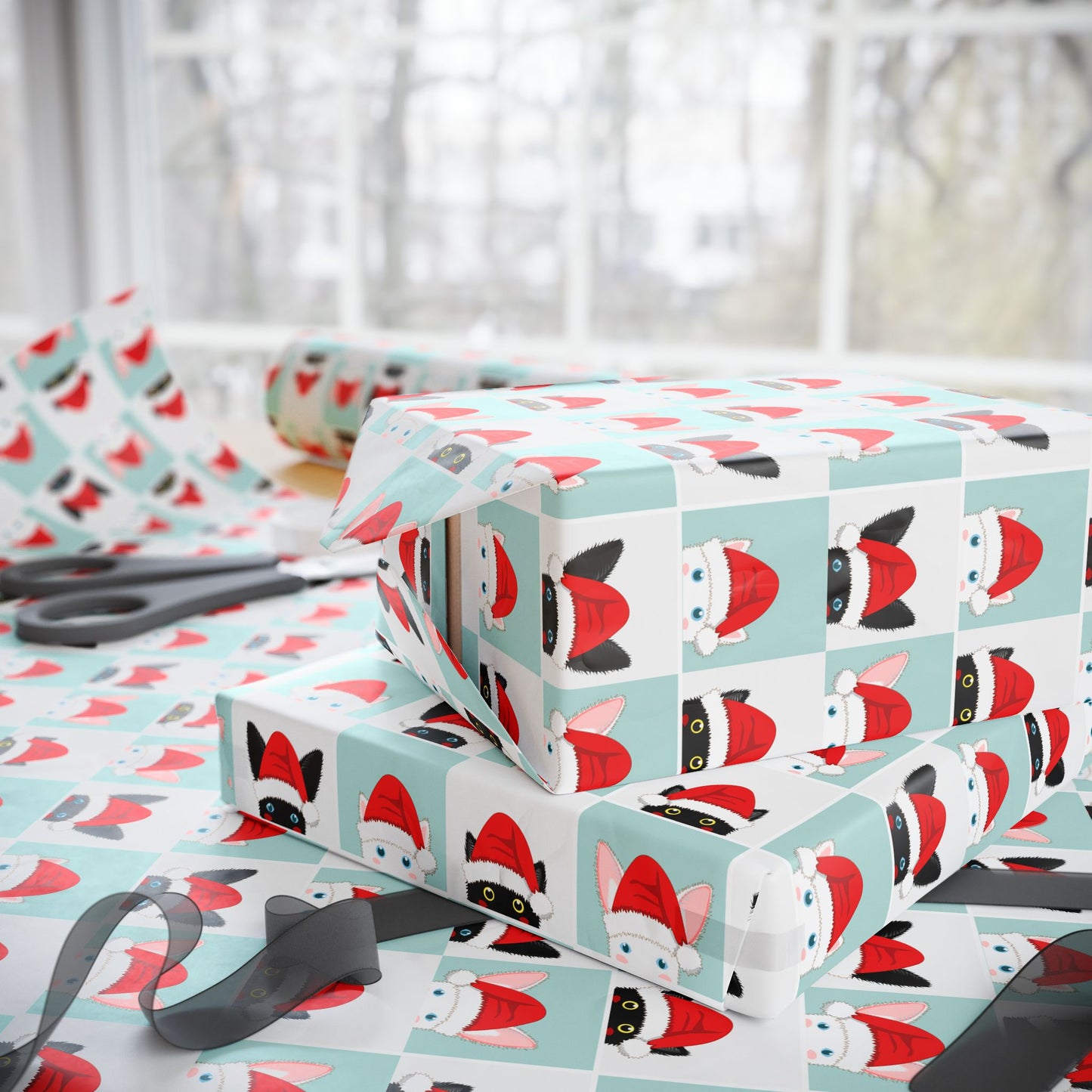 Christmas Cat Wrapping Paper — Cute Santa Hat Cat Gift Wrap